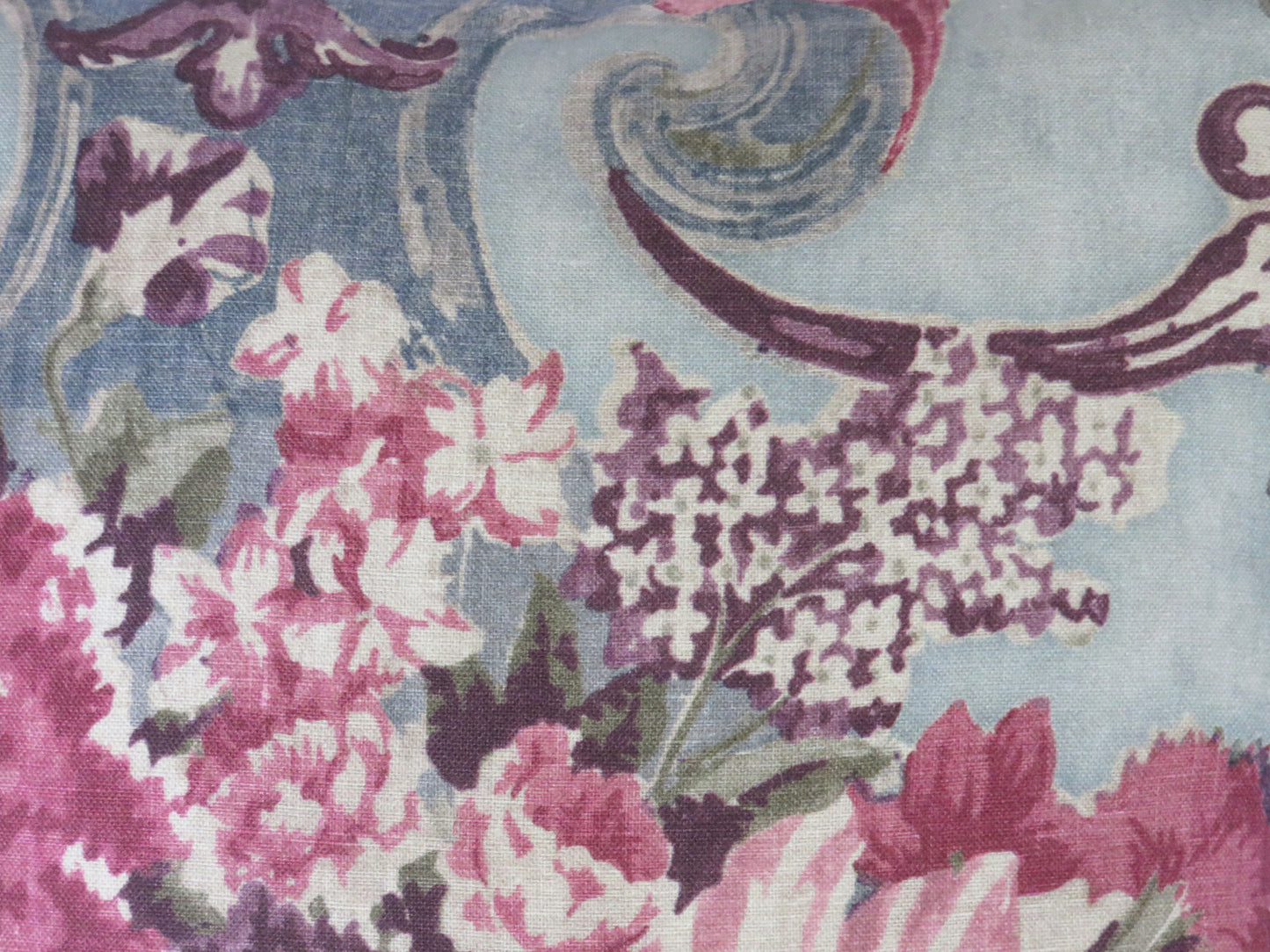 pink purple aqua floral pillow cover made from a linen print with a fresco trompe l oeil effect