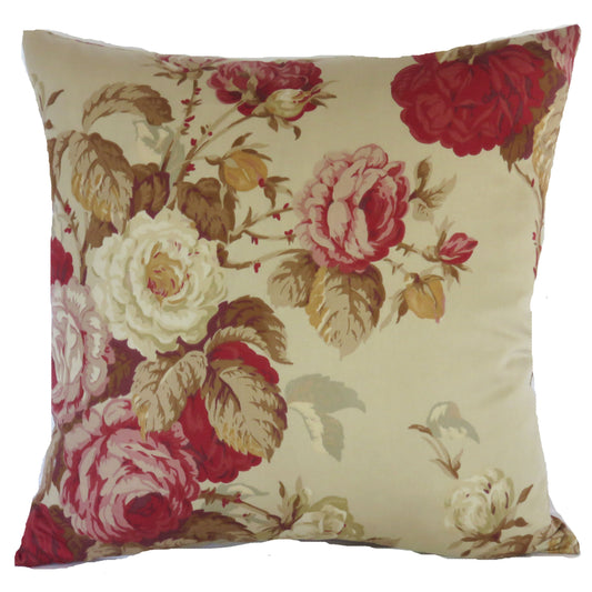 Floral pillow cover with red and pink roses on a beige background made from Ralph Lauren cotton fabric