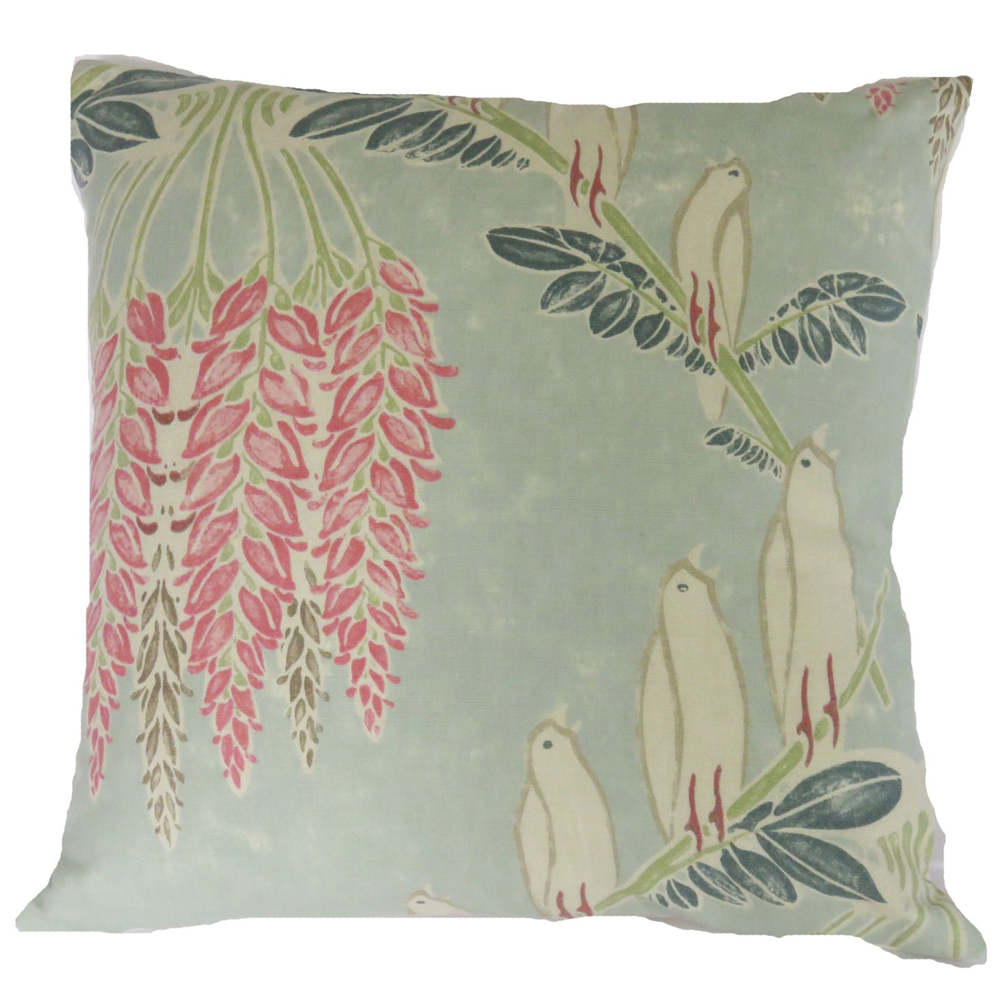 blue bird acquitaine linen pillow cover in aqua with doves and wisteria
