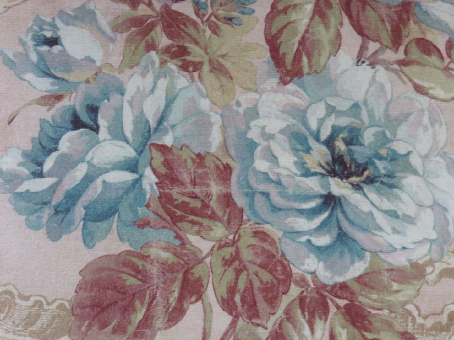 blue roses floral pillow cover on aqua cotton with a rococo style