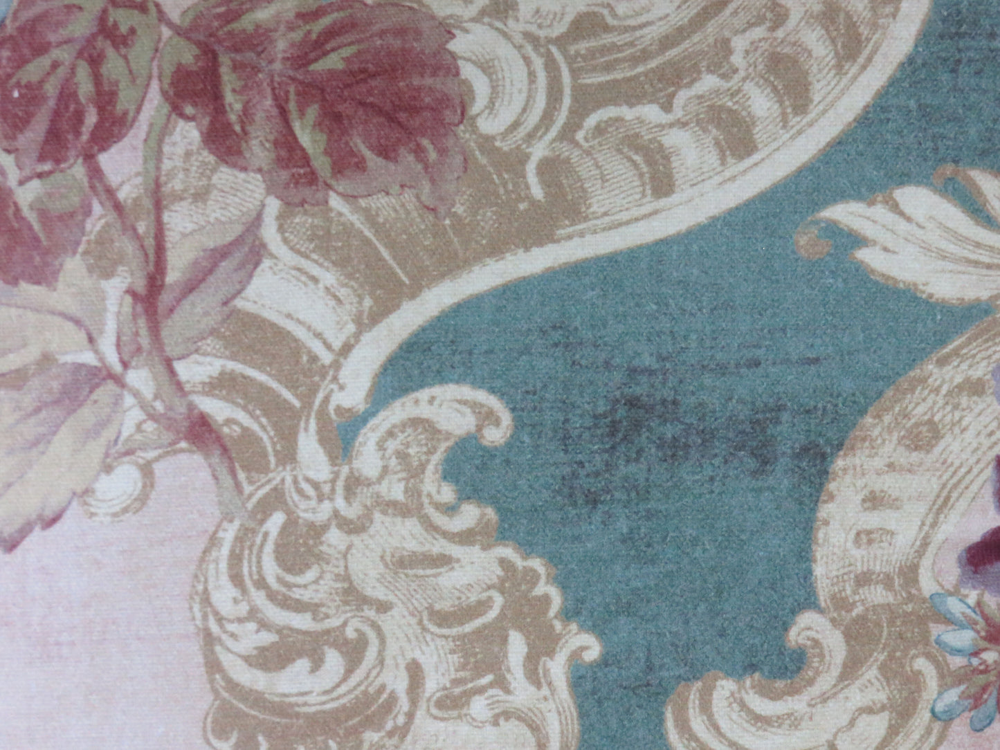 blue roses floral pillow cover on aqua cotton with a rococo style