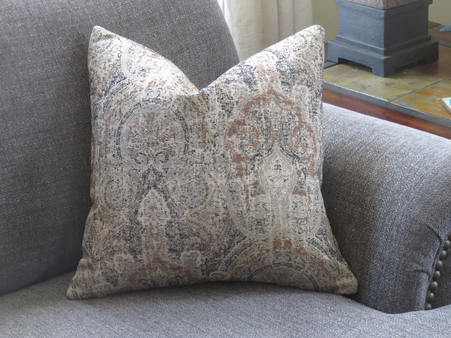 brown and grey toned paisley medallion tapestry pillow cover