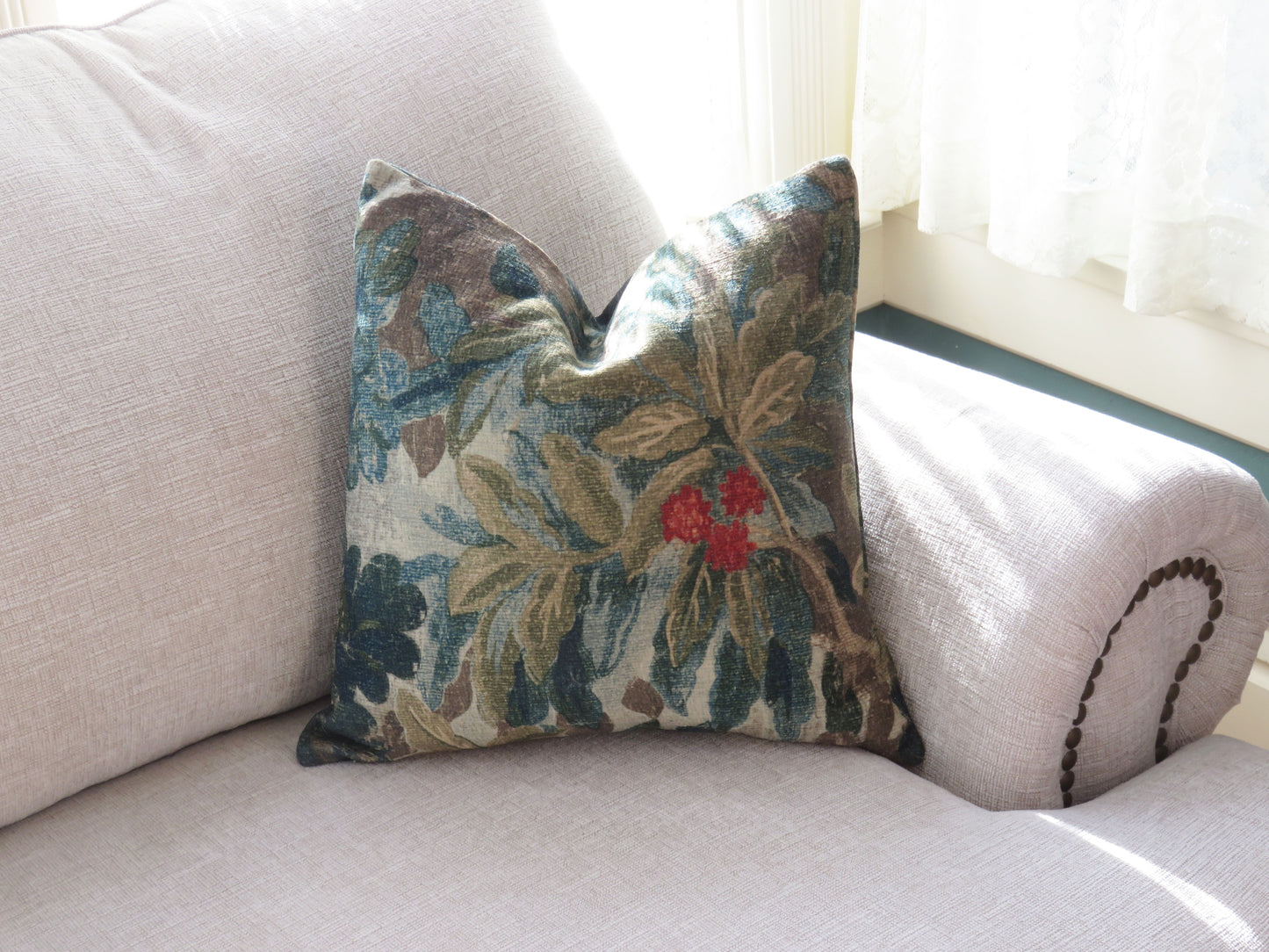 blue, and green chenille pillow cover with red flowers, leaves and trees created from PK Lifestyles fabric Bucolic Boxwood