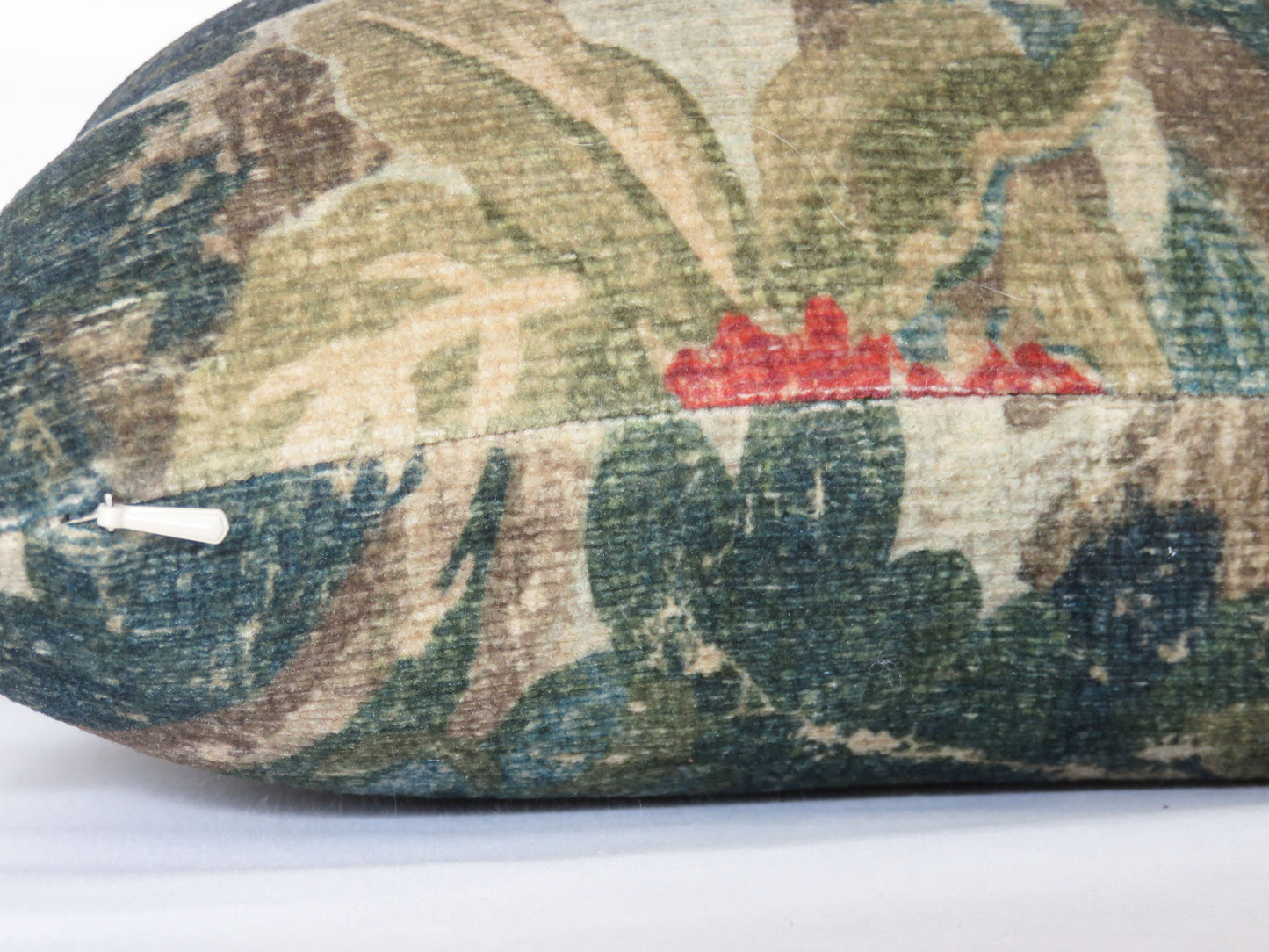 blue, and green chenille pillow cover with red flowers, leaves and trees created from PK Lifestyles fabric Bucolic Boxwood