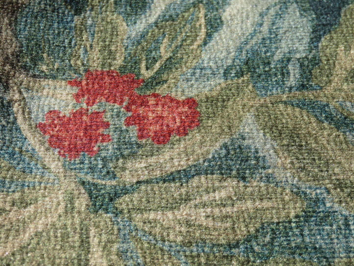 blue, and green chenille pillow cover with red flowers, leaves and trees created from PK Lifestyles fabric Bucolic Boxwood