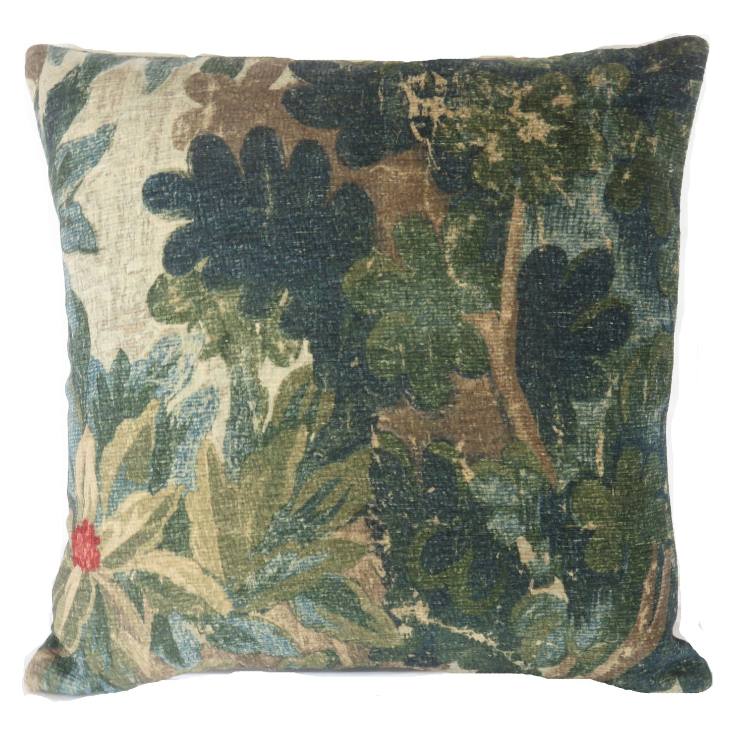 blue, and green chenille pillow cover with red flowers, leaves and trees created from PK Lifestyles fabric Bucolic Boxwood