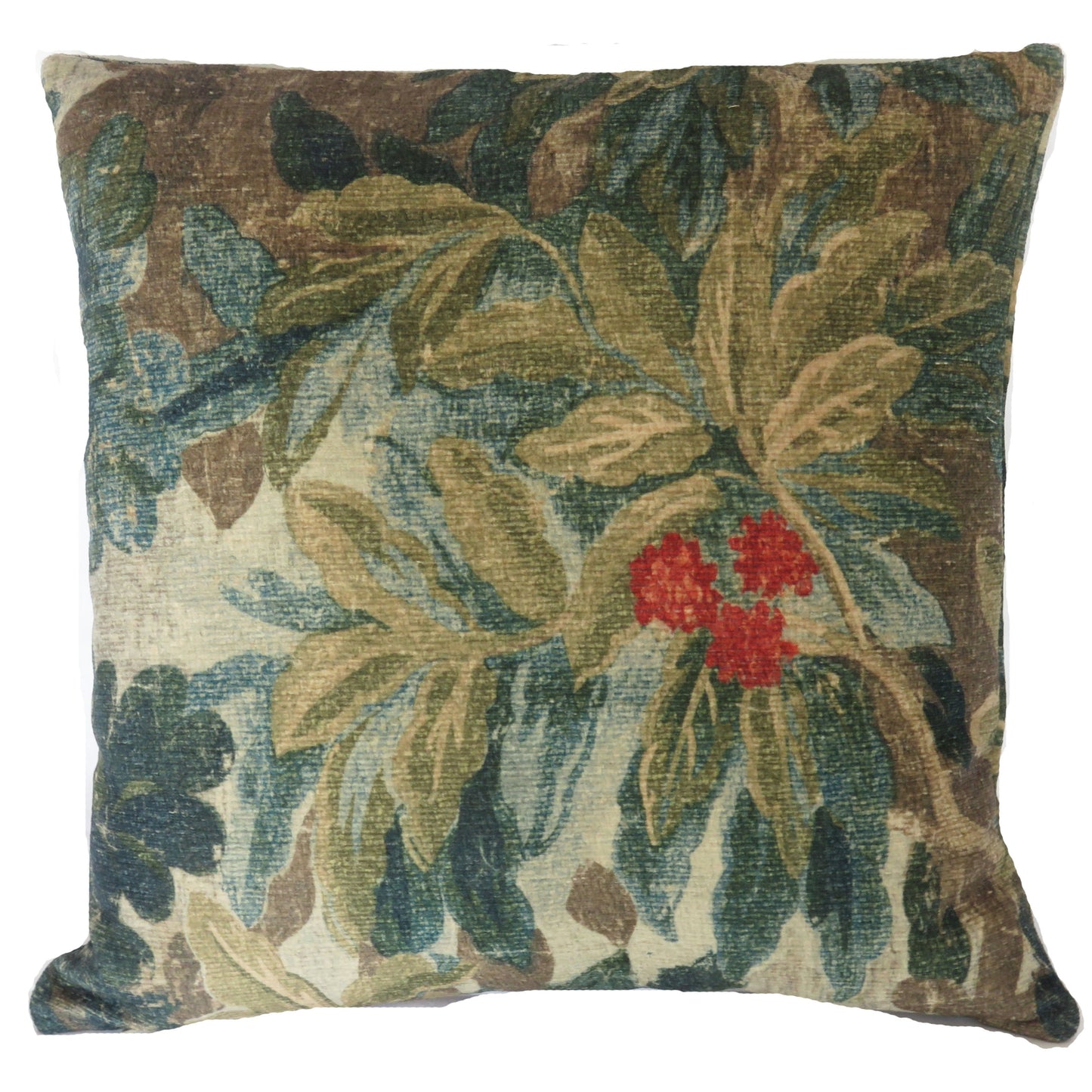 blue, and green chenille pillow cover with red flowers, leaves and trees created from PK Lifestyles fabric Bucolic Boxwood