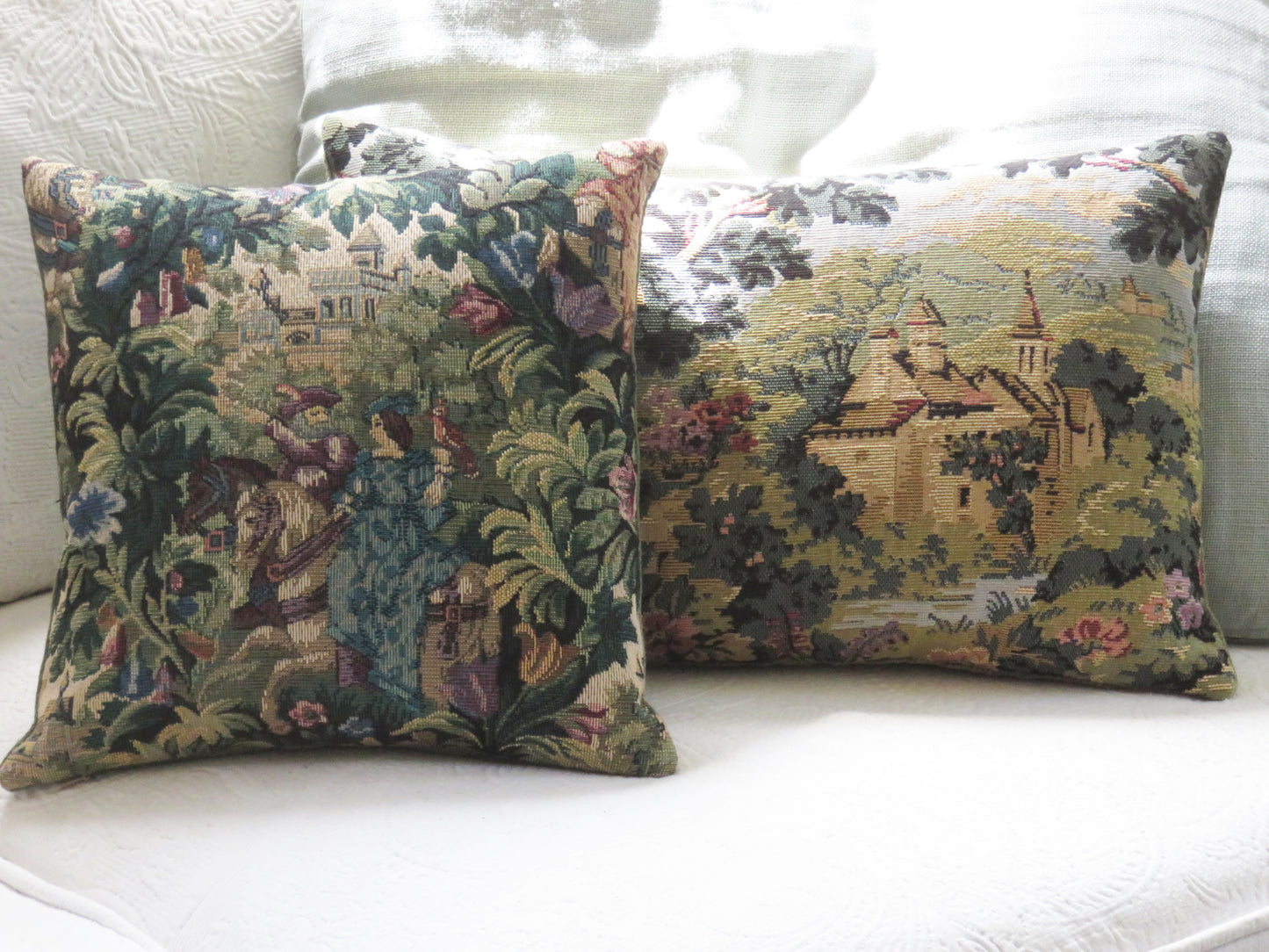 millady in blue dress on horseback verdure tapestry pillow cover