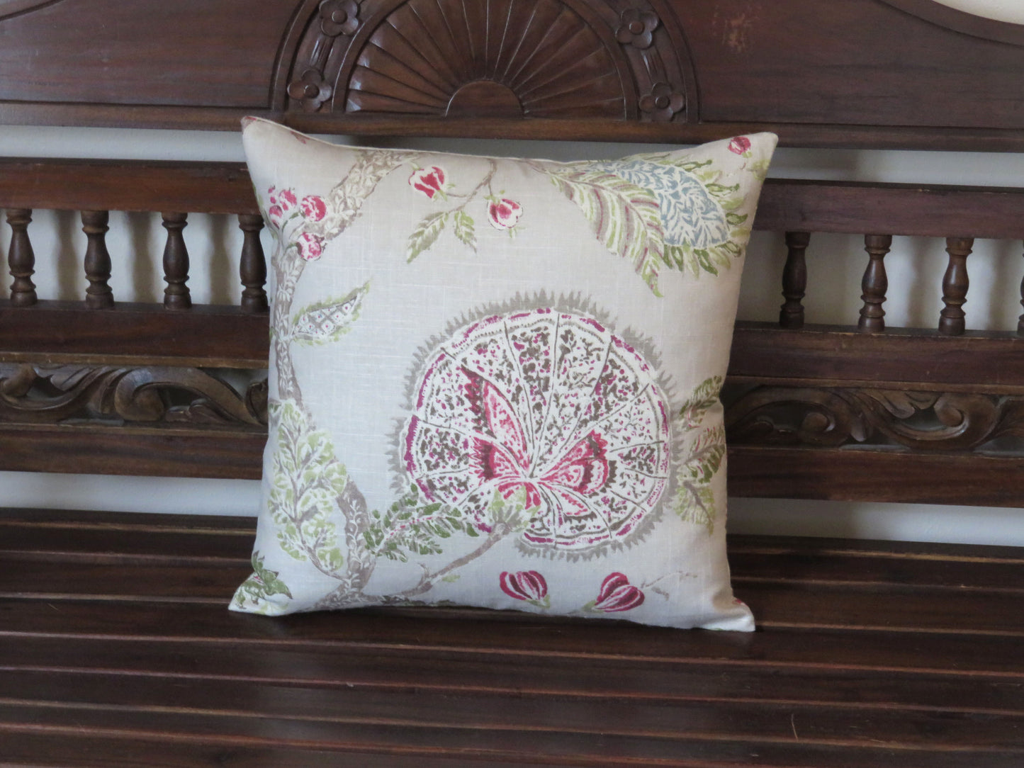 beige and pink linen floral pillow cover made from P kaufmann retreat fabric in clover