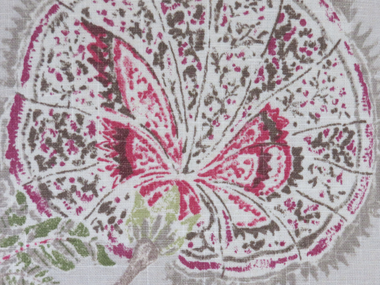 beige and pink linen floral pillow cover made from P kaufmann retreat fabric in clover