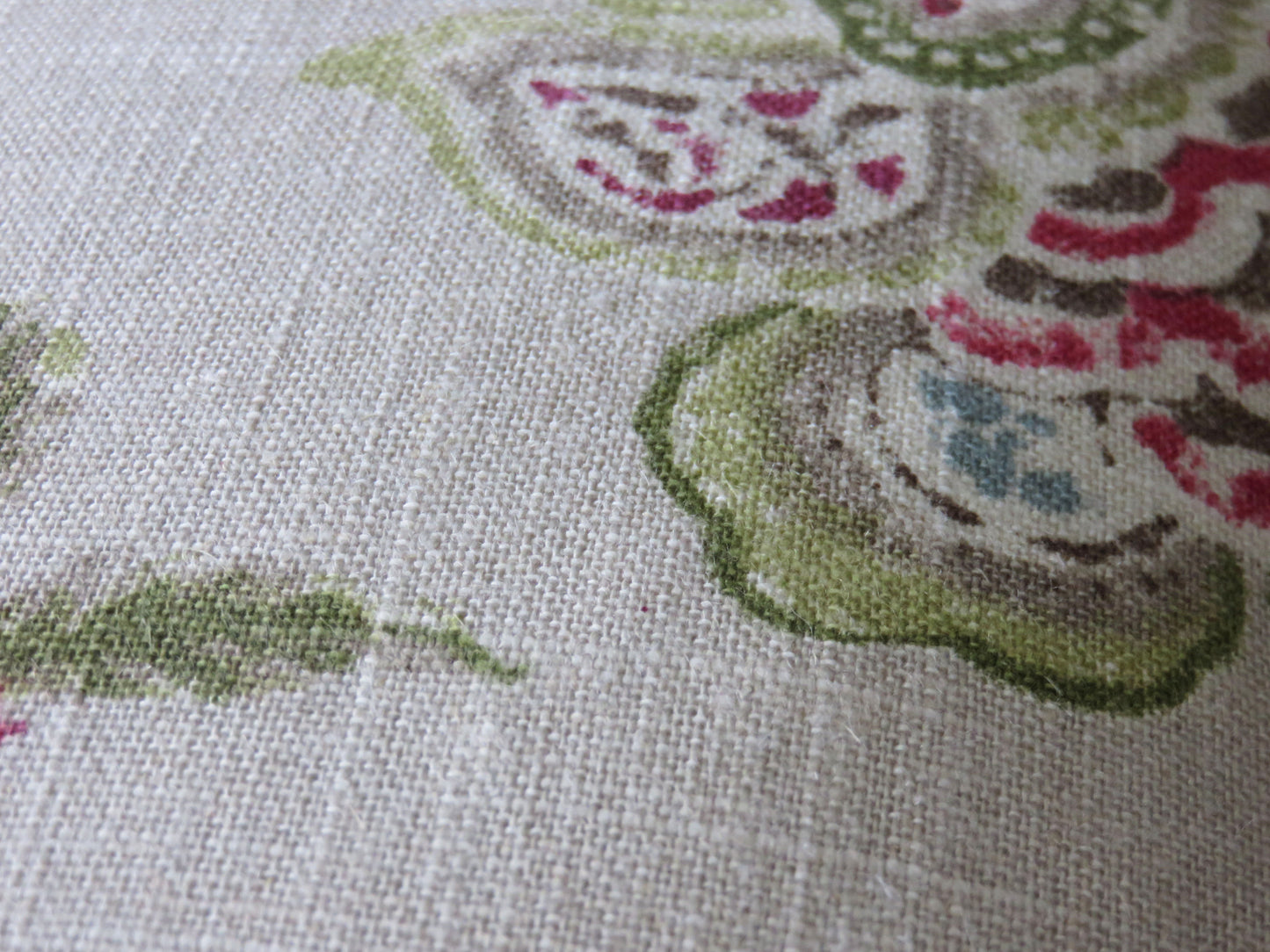 beige and pink linen floral pillow cover made from P kaufmann retreat fabric in clover