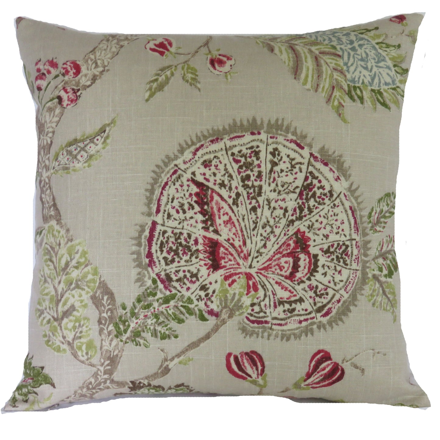 beige and pink linen floral pillow cover made from P kaufmann retreat fabric in clover
