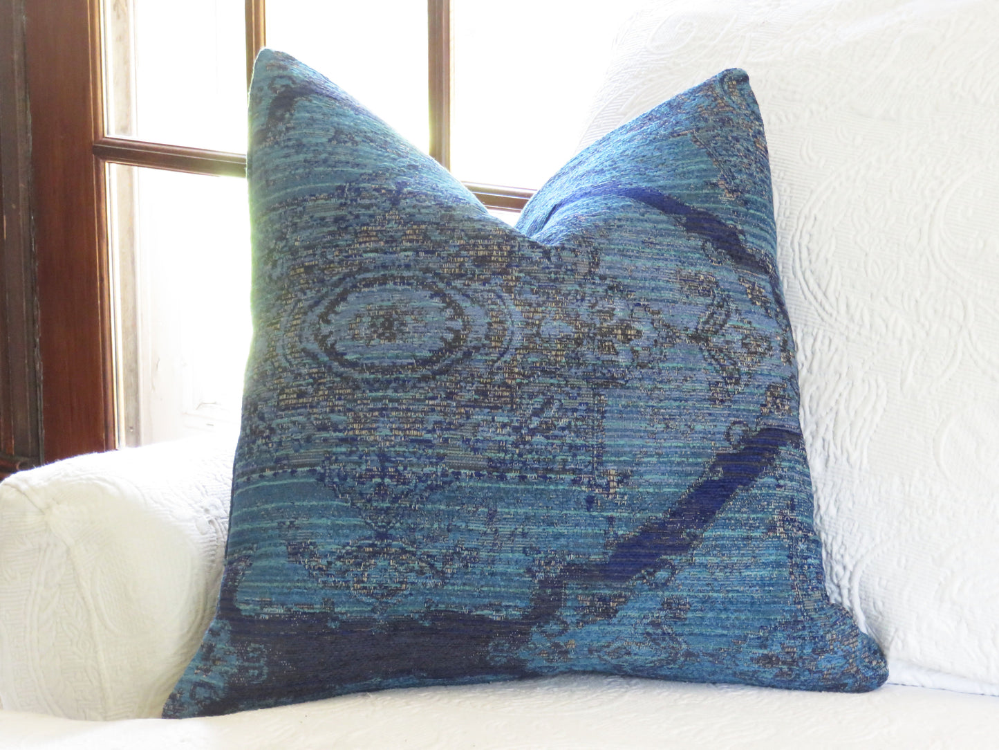 cobalt blue chenille pillow cover, kilim style medallion morif