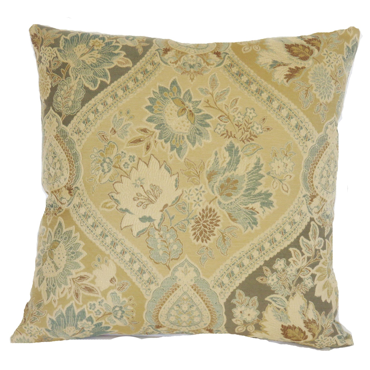 gold blue and brown floral brocade pillow cover