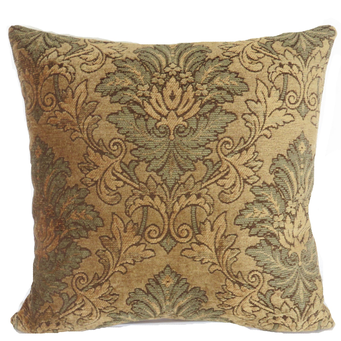 gold and green chenille pillow cover with a floral damask medallion motif