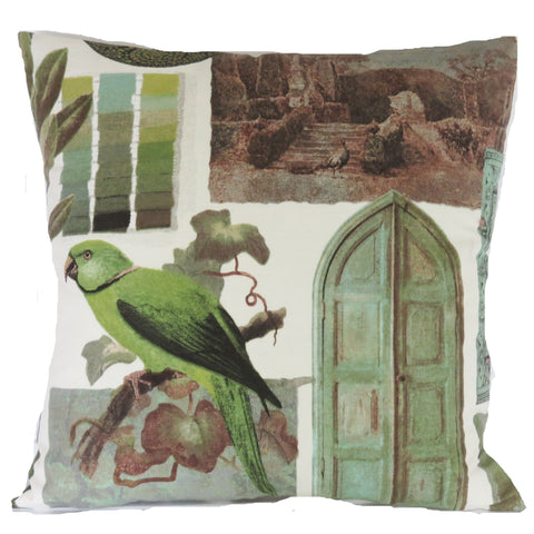 green parrot pillow cover made from vilber aruba cotton blend fabric