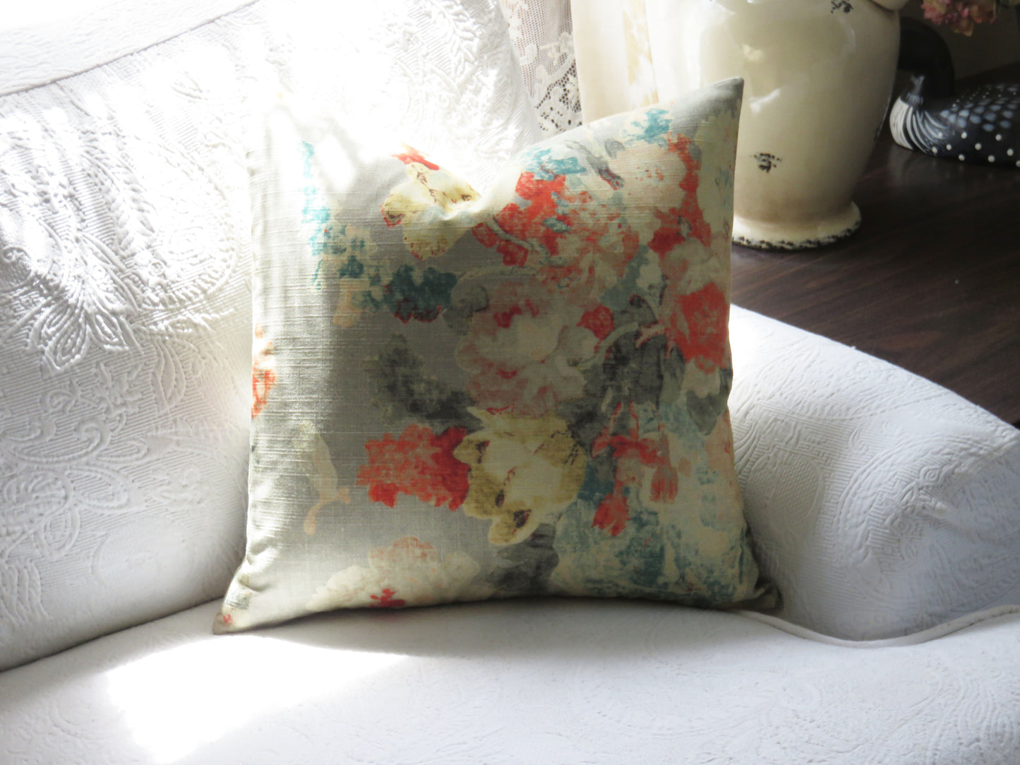 Grey, orange and teal watercolor floral pillow cover