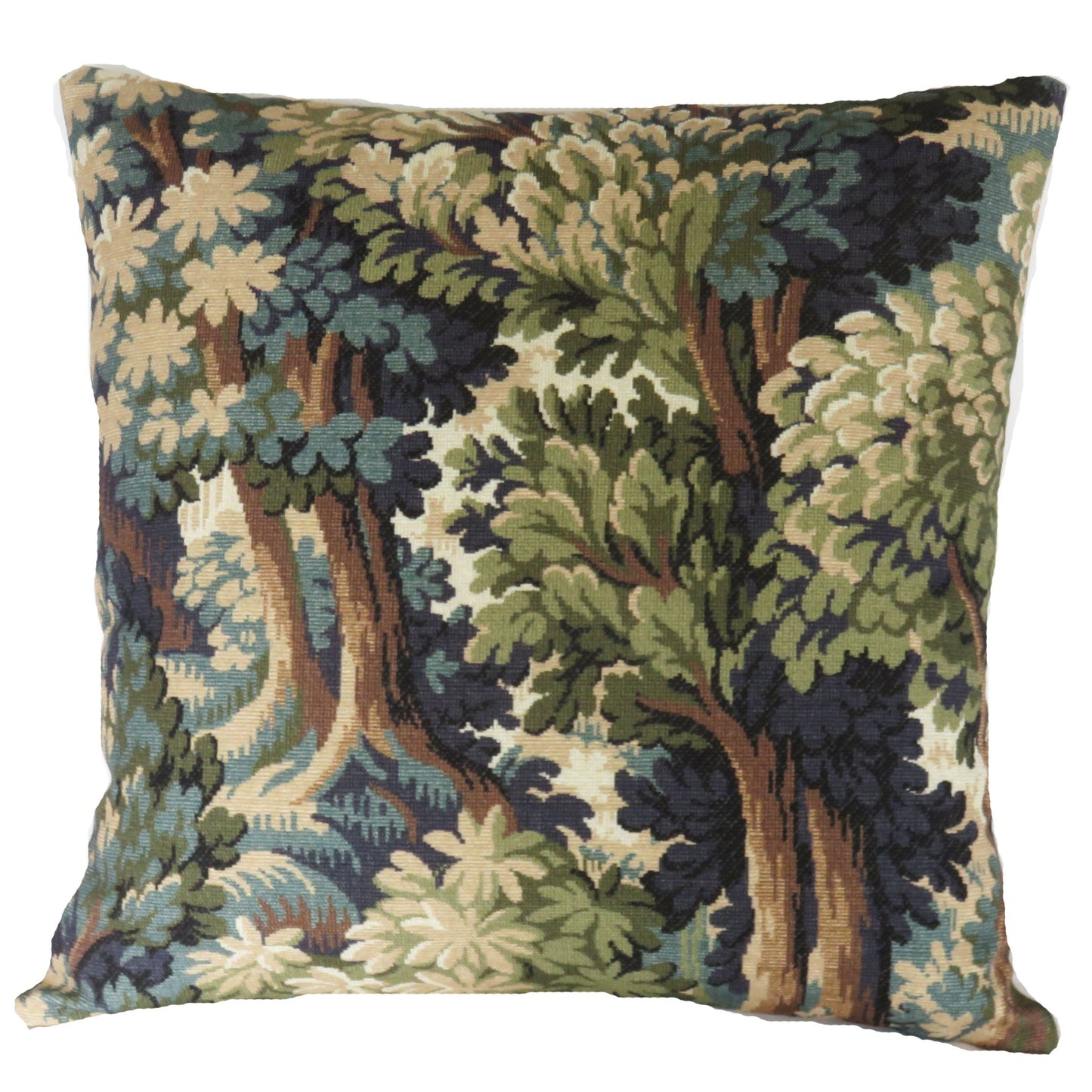 Green forest pillow cover, made from P kaufmann into the woods cotton print of a tapestry verdure scene of trees, in shades of teal, olive, blue, brown, and cream