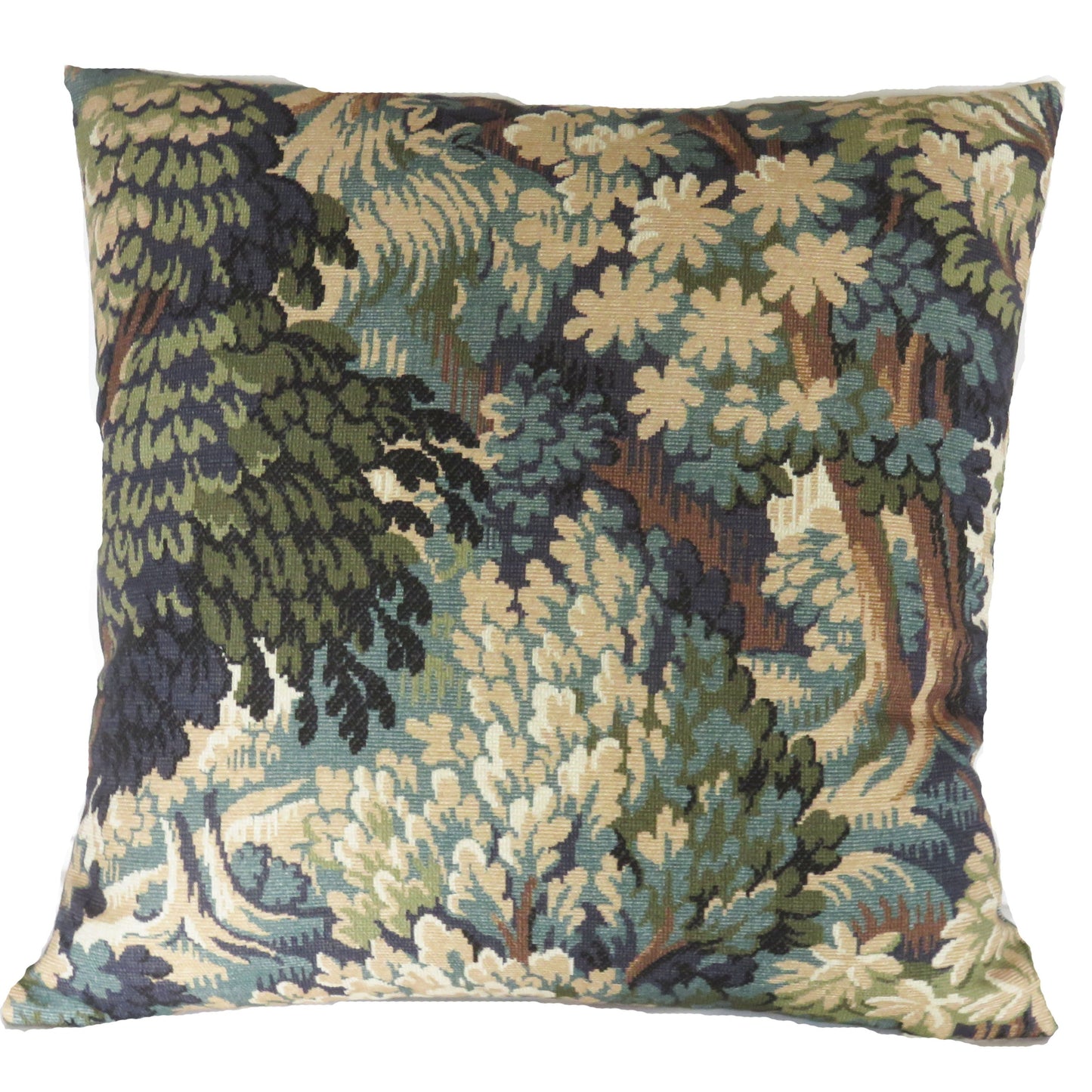 Green forest pillow cover, made from P kaufmann into the woods cotton print of a tapestry verdure scene of trees, in shades of teal, olive, blue, brown, and cream