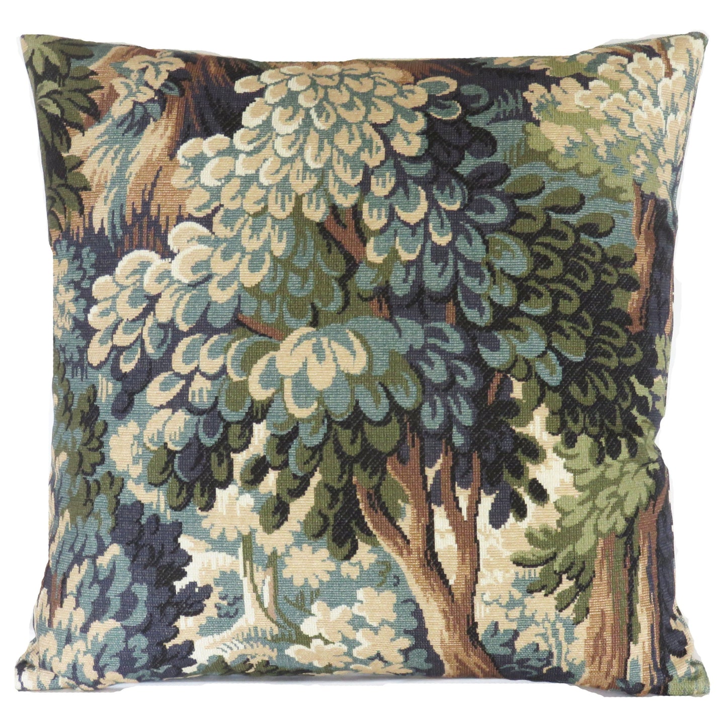 Green forest pillow cover, made from P kaufmann into the woods cotton print of a tapestry verdure scene of trees, in shades of teal, olive, blue, brown, and cream