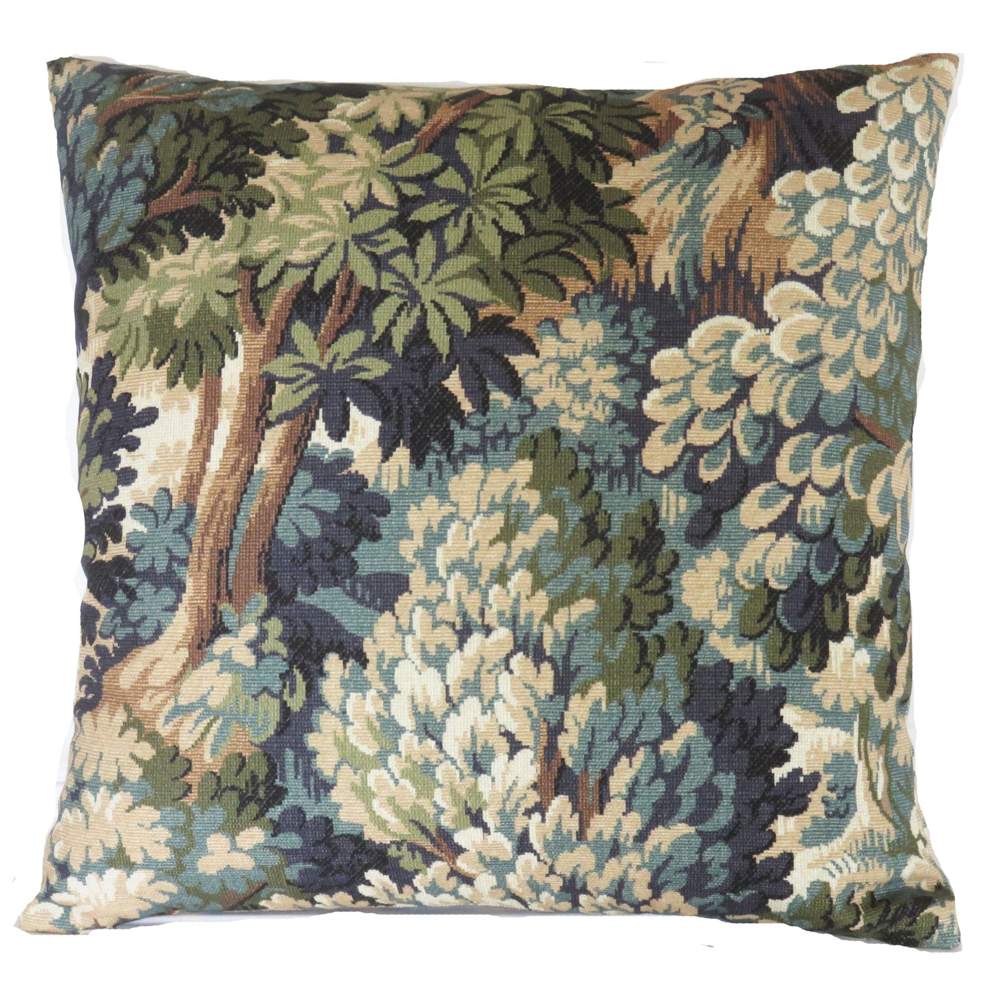 Green forest pillow cover, made from P kaufmann into the woods cotton print of a tapestry verdure scene of trees, in shades of teal, olive, blue, brown, and cream