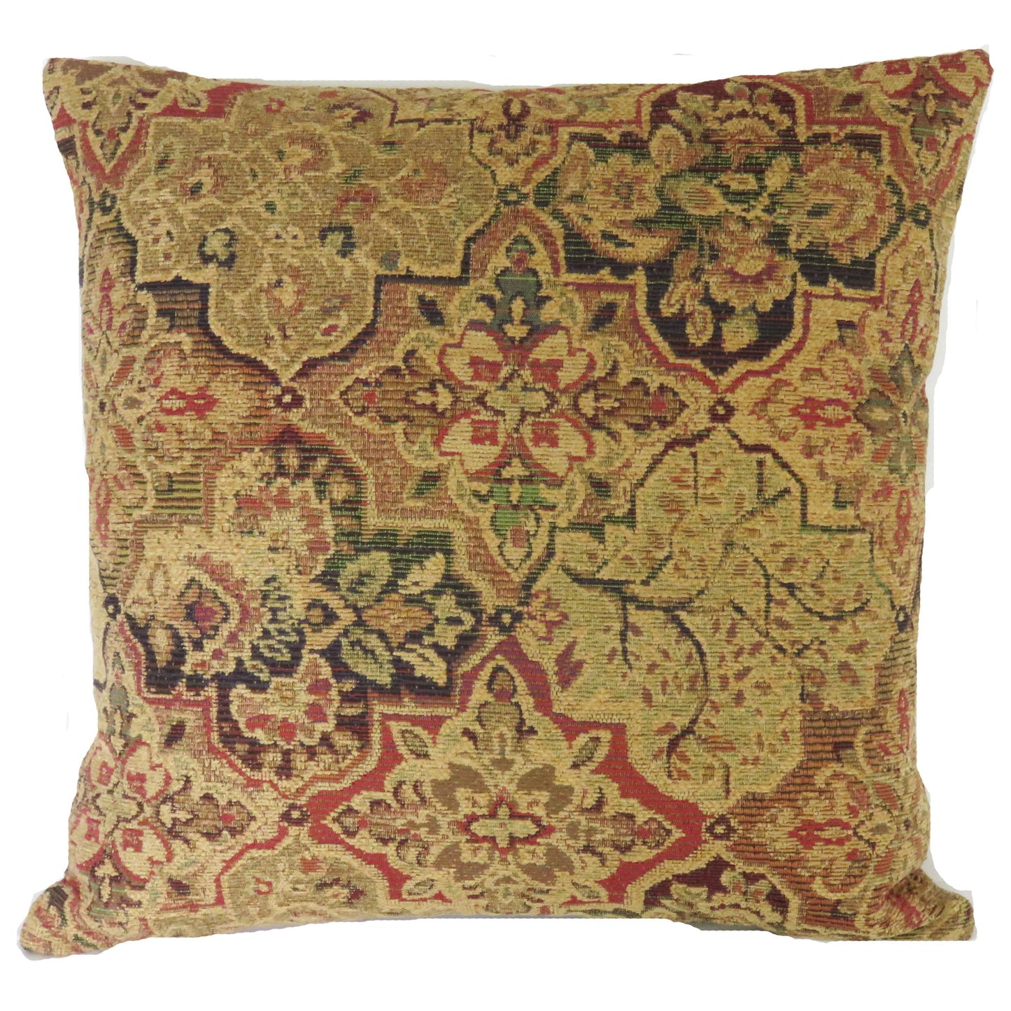jewel tone chenille medallion pillow cover with a quatrefoil motif in gold, red, green, and blue