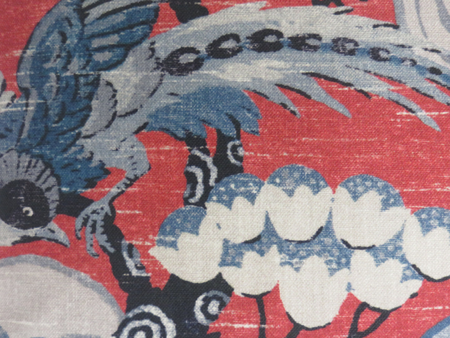 red and blue asian bird print pillow cover, mad from p kaufmann kyomi cotton fabric
