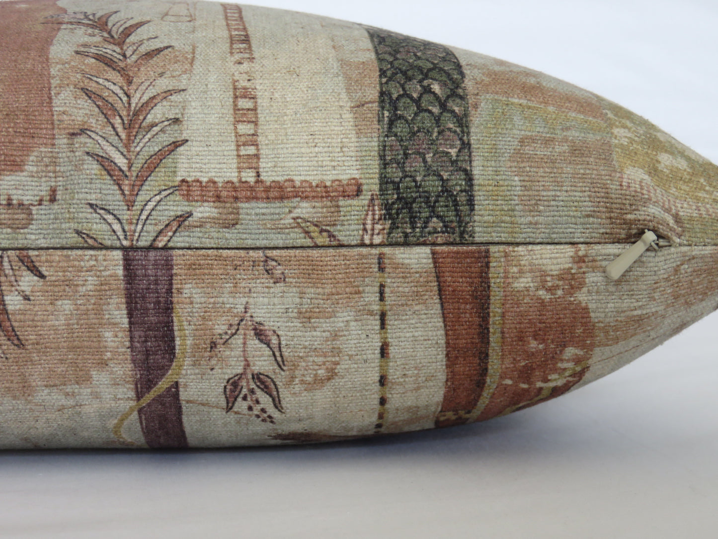 Mesopotamia in Mist, by Regal fabrics was used to make these 17" pillow covers. Featuring ancient people, horses, trees, and birds in weathered subtle shades of celadon blue, brown, and terracotta orange