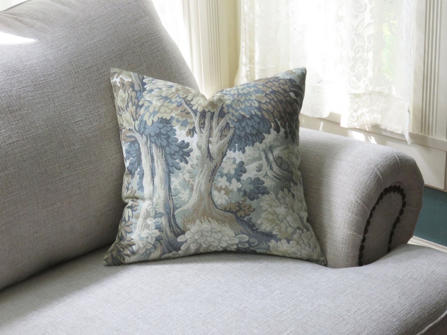 Misty Teal Forest Pillow Cover, 17" Square, Trees & Leaves, Cotton Print of Verdure Tapestry - NEW Colorway