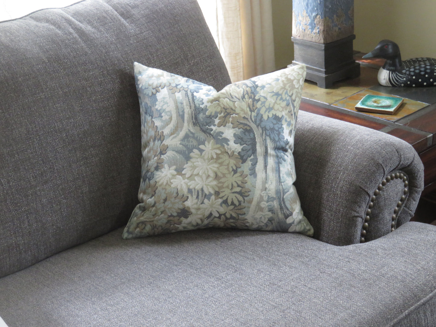 Misty Teal Forest Pillow Cover, 17" Square, Trees & Leaves, Cotton Print of Verdure Tapestry - NEW Colorway