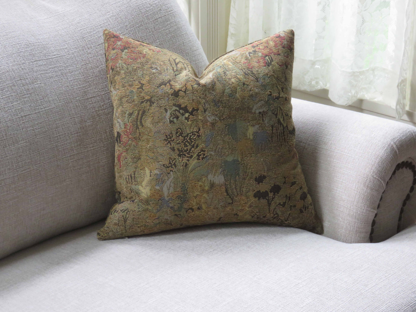 olive green and gold weathered chenille tapestry pillow cover