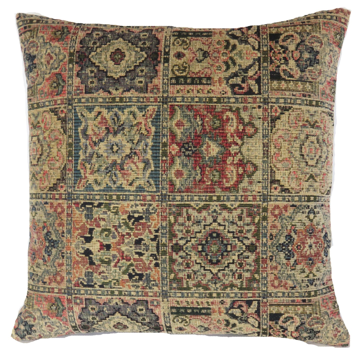 Patchwork carpet style pillow cover in tan, blue, and red