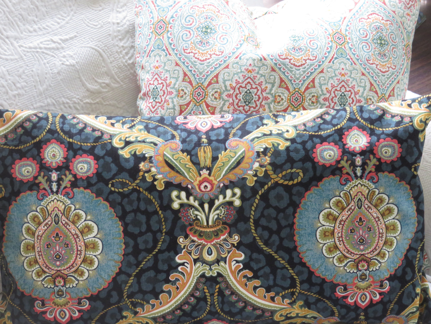 peacock scarf motif pillow cover in teal gold coral