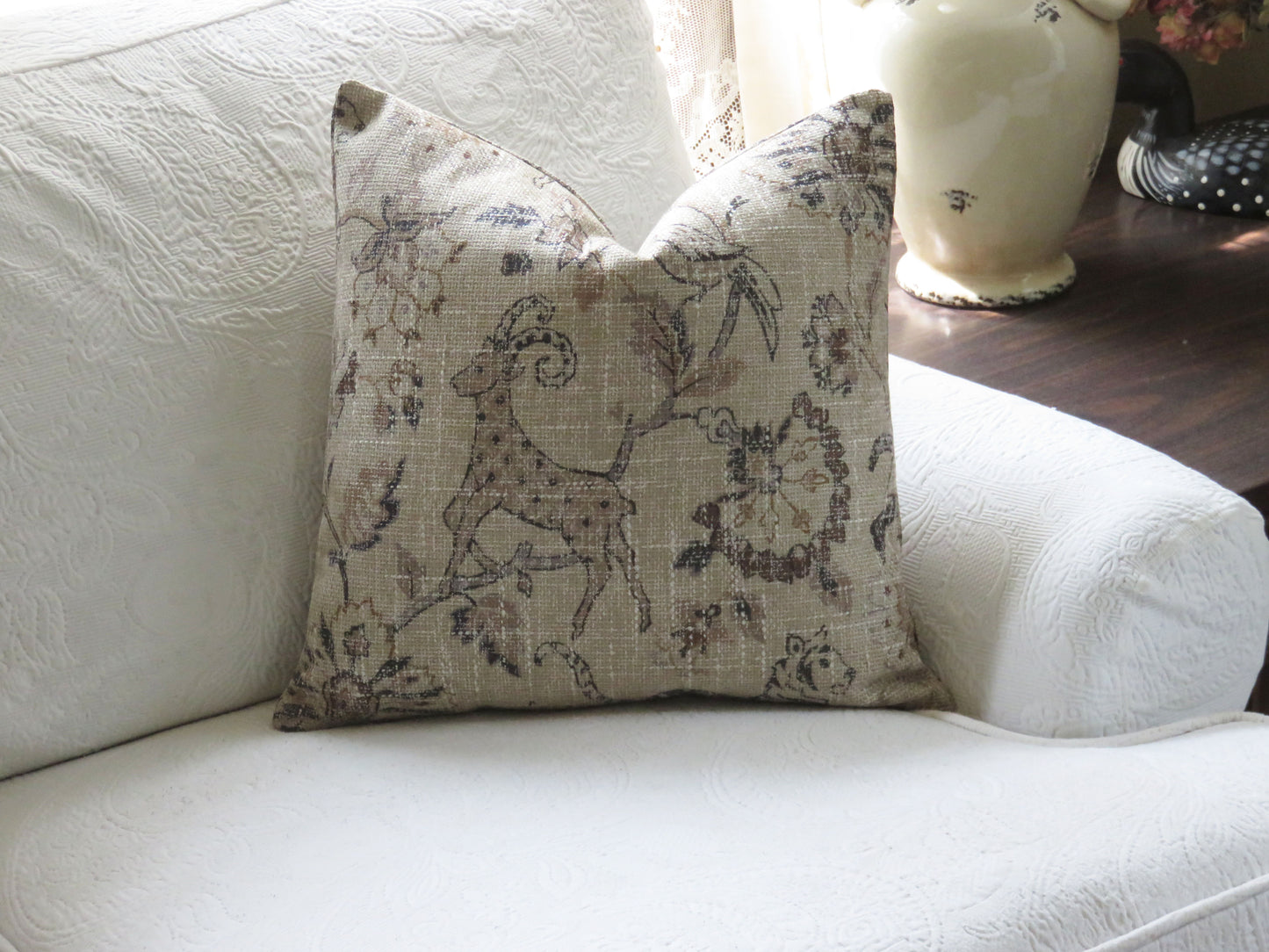 tan safari animal pillow cover with tigers, antelope, birds