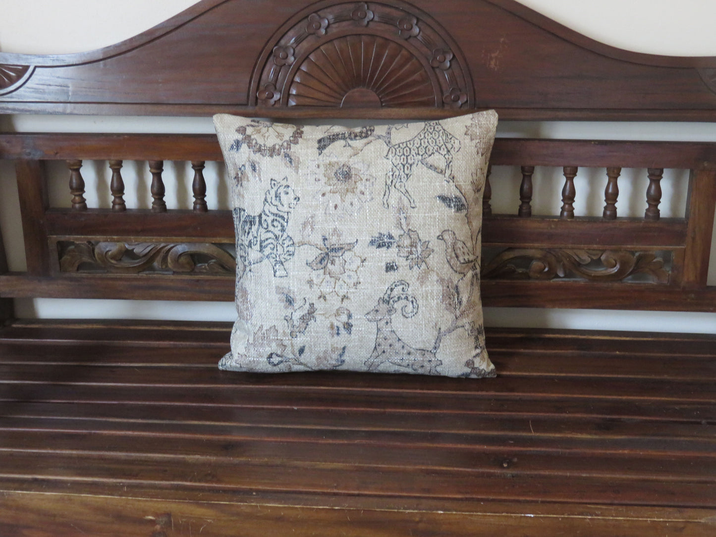 tan safari animal pillow cover with tigers, antelope, birds