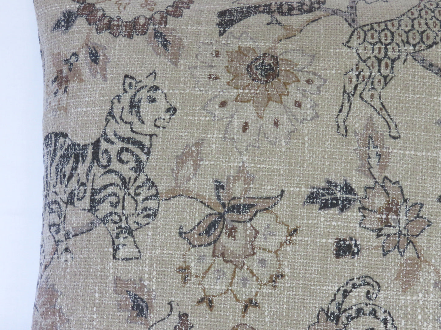tan safari animal pillow cover with tigers, antelope, birds