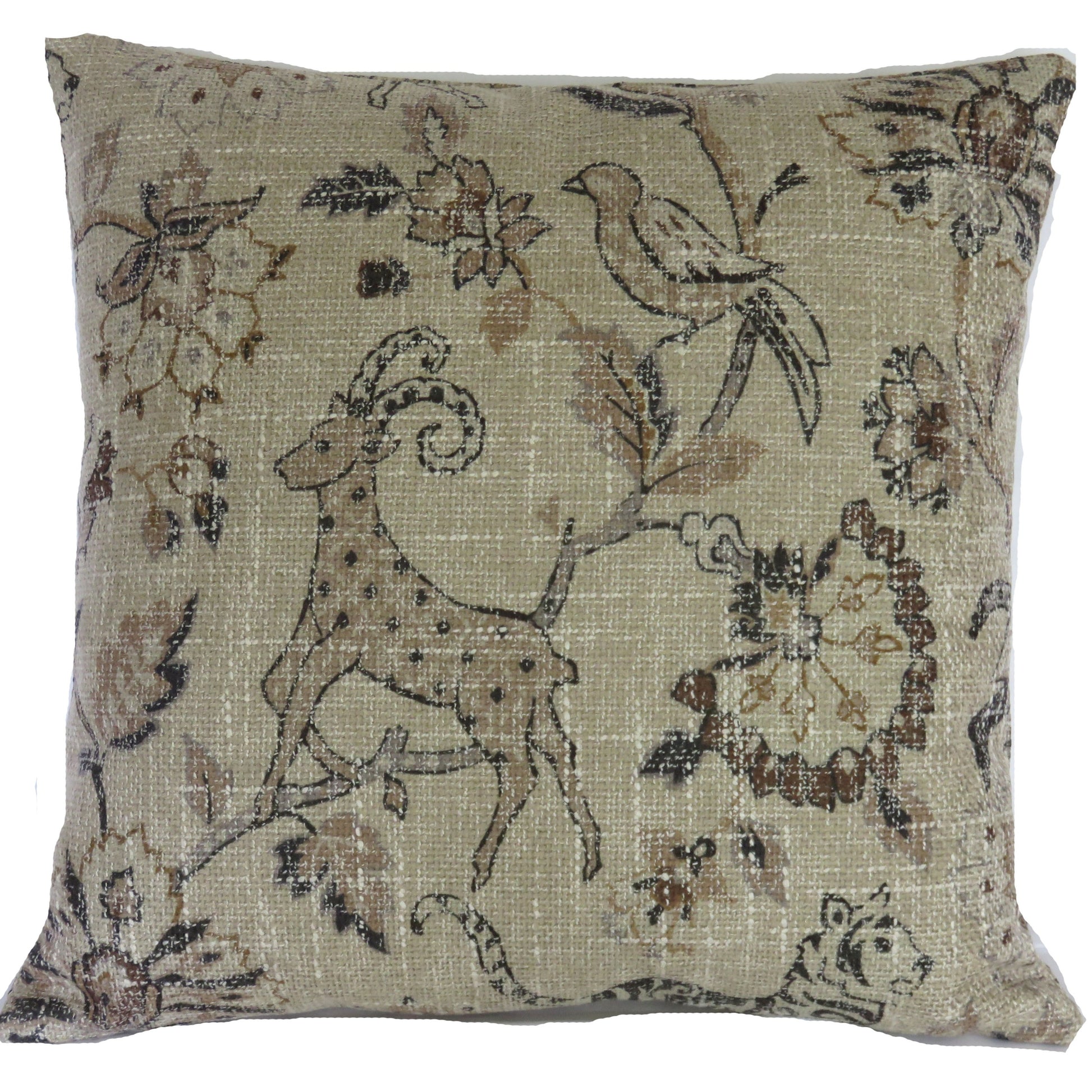 tan safari animal pillow cover with tigers, antelope, birds