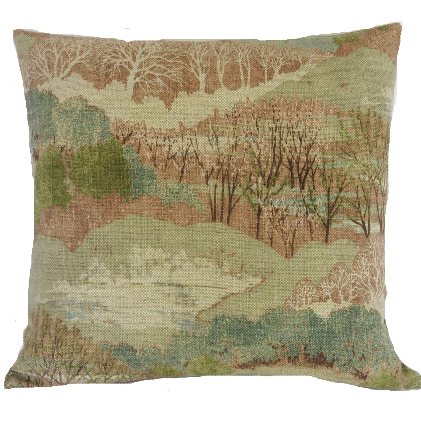 scenic landscape pillow cover in shades of terracotta, green, and blue , with trees, hills, and ponds