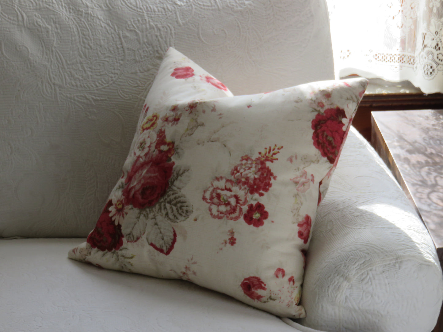 norfolk rose pillow cover waverly cream and red  country floral