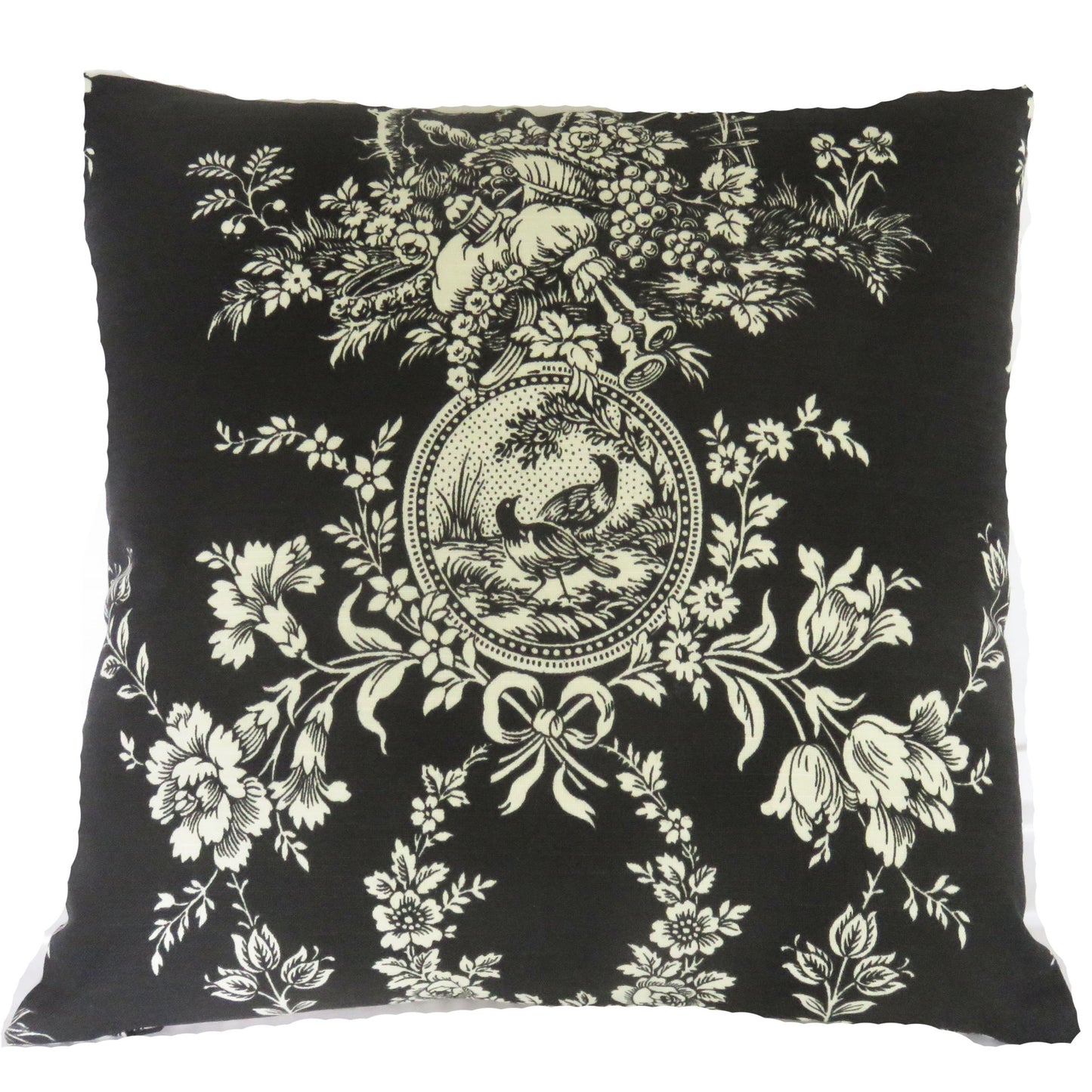 Country house toile noir black and white all cotton pillow cover with ticking stripe back
