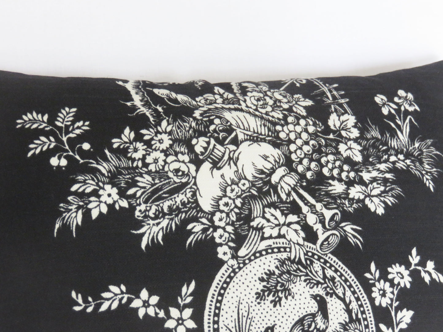 Country house toile noir black and white all cotton pillow cover with ticking stripe back