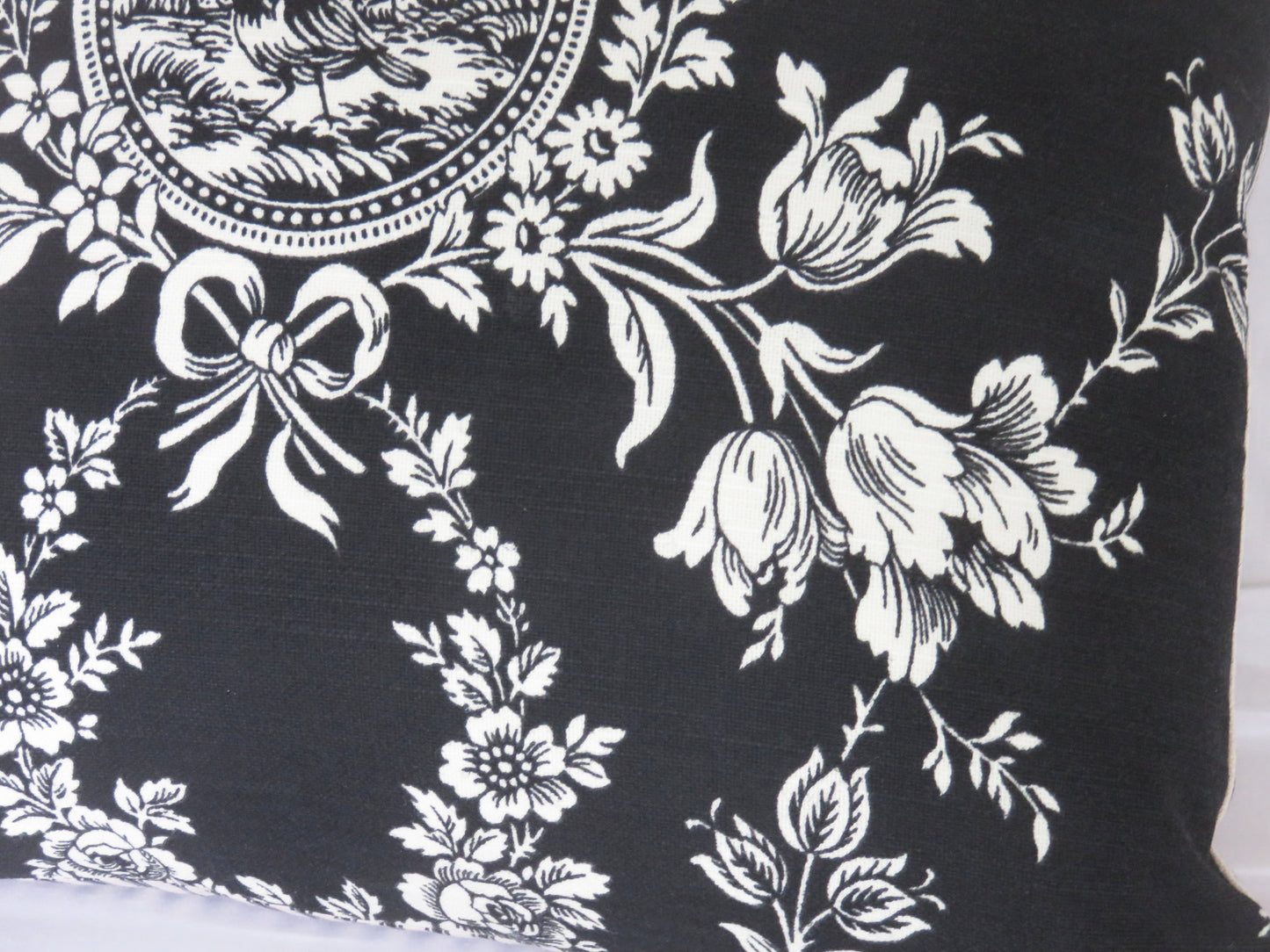 Country house toile noir black and white all cotton pillow cover with ticking stripe back