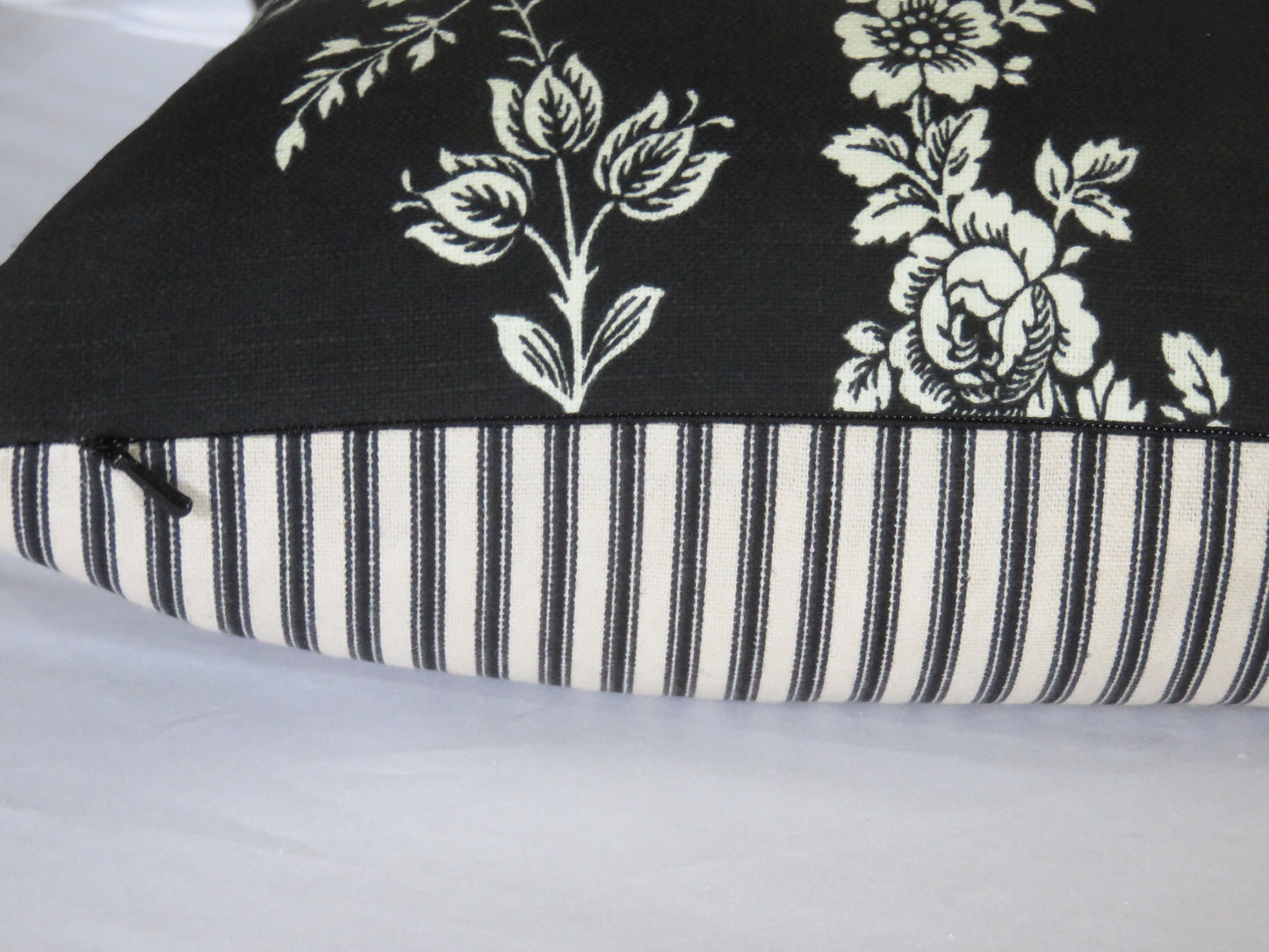 Country house toile noir black and white all cotton pillow cover with ticking stripe back