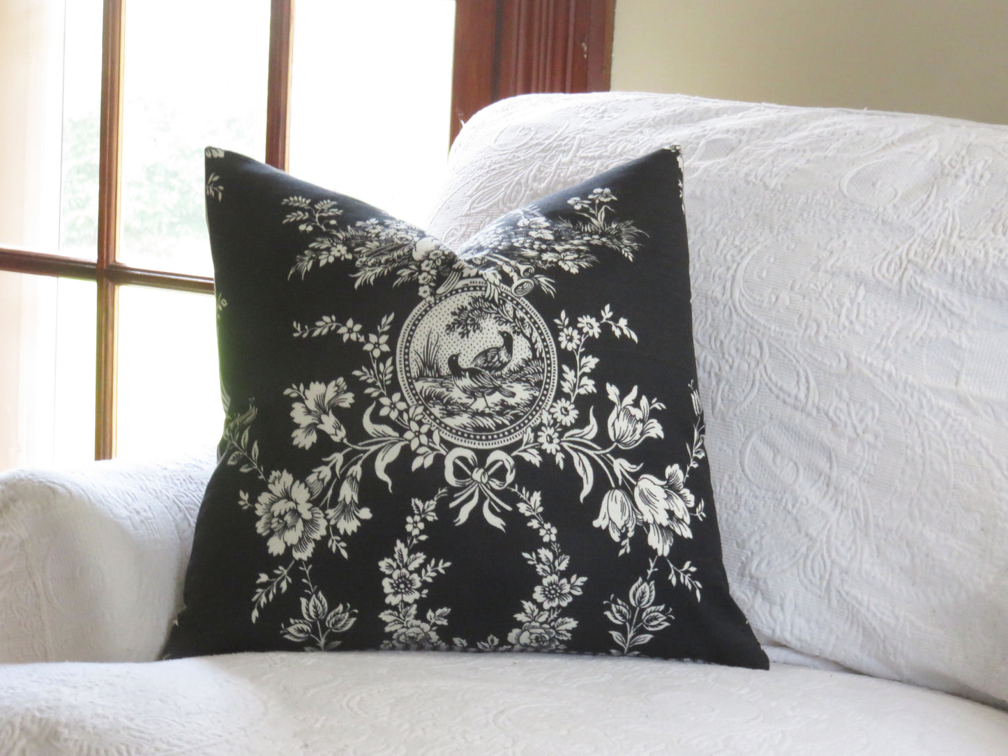 Country house toile noir black and white all cotton pillow cover with ticking stripe back