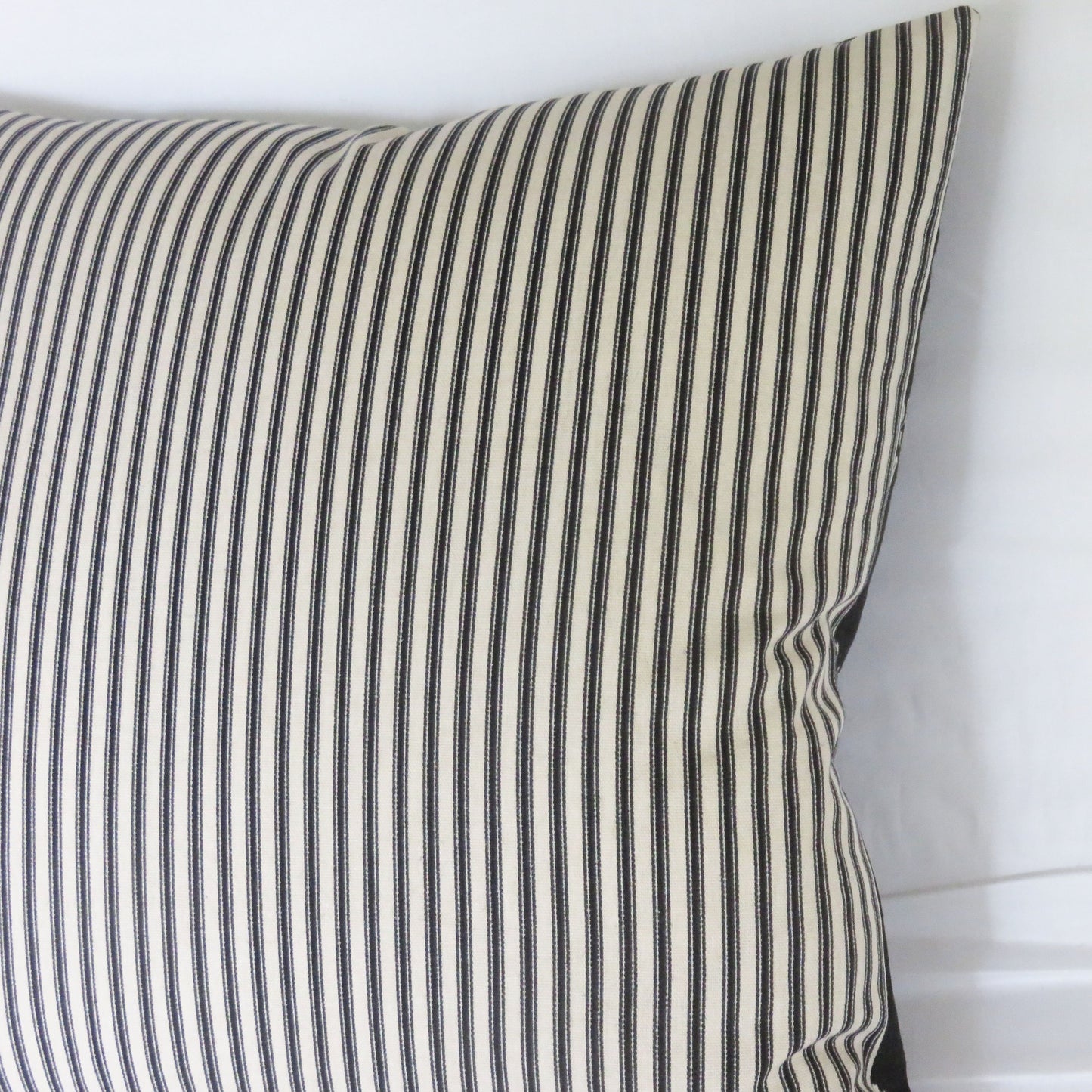 Country house toile noir black and white all cotton pillow cover with ticking stripe back