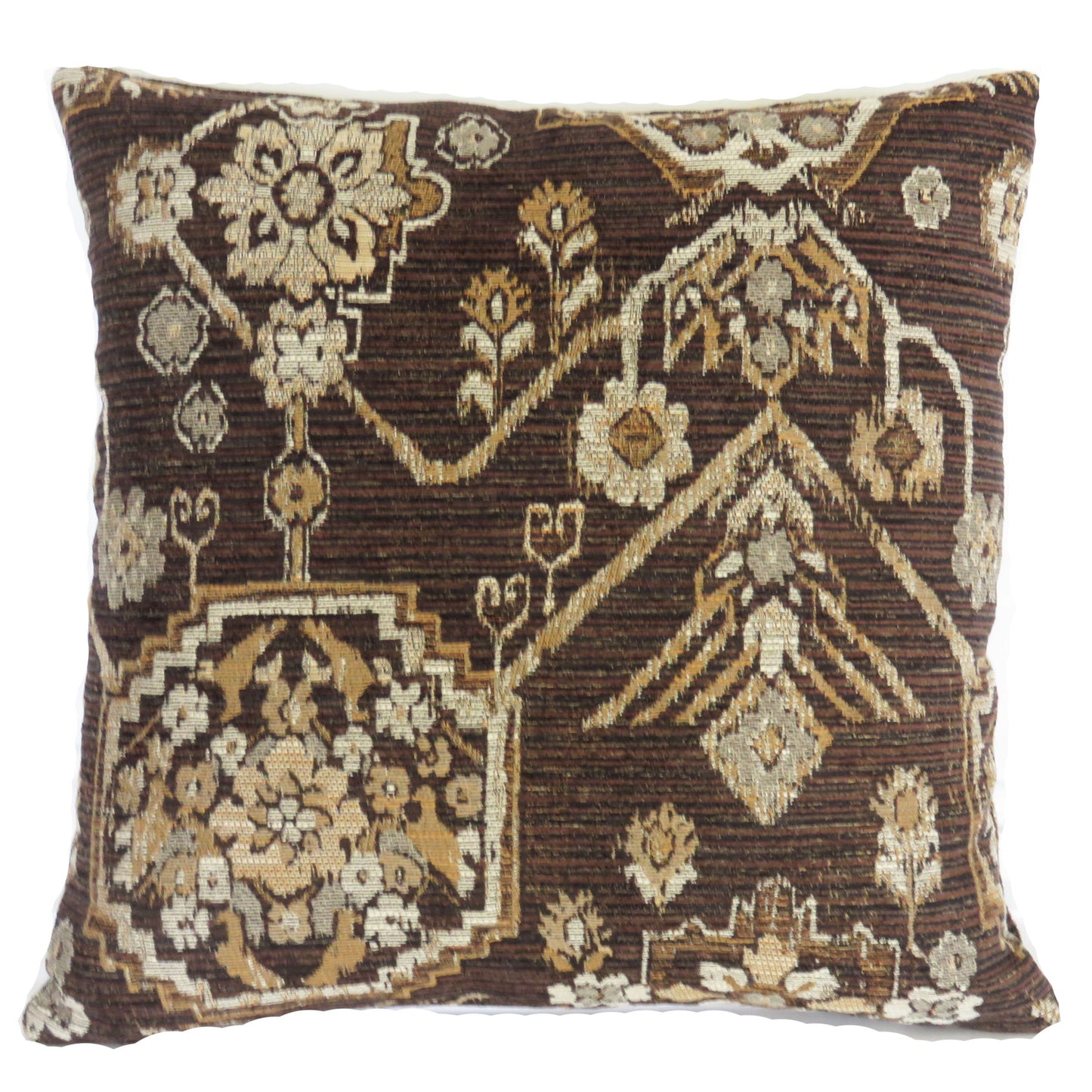 Dark Brown Kilim Motif Pillow Cover, 17" - 18" Square, Tan, Black, Gold, Grey Chenille