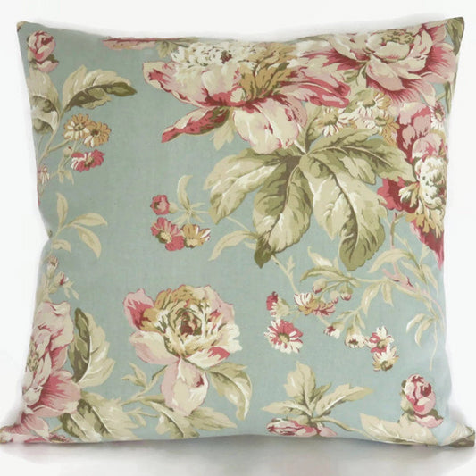 Blue and Pink Floral Pillow Cover, Waverly Fleuretta in Mist