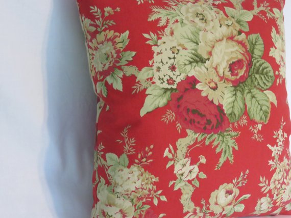 Red rose floral pillow cover of Waverly Sanctuary rose fabric