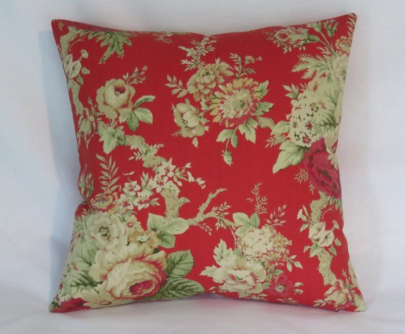 Red rose floral pillow cover of Waverly Sanctuary rose fabric