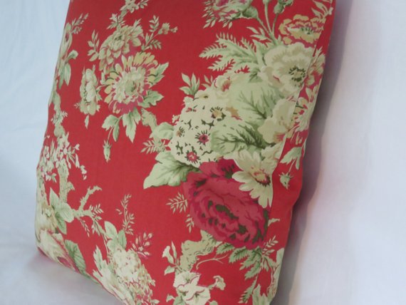 Red rose floral pillow cover of Waverly Sanctuary rose fabric